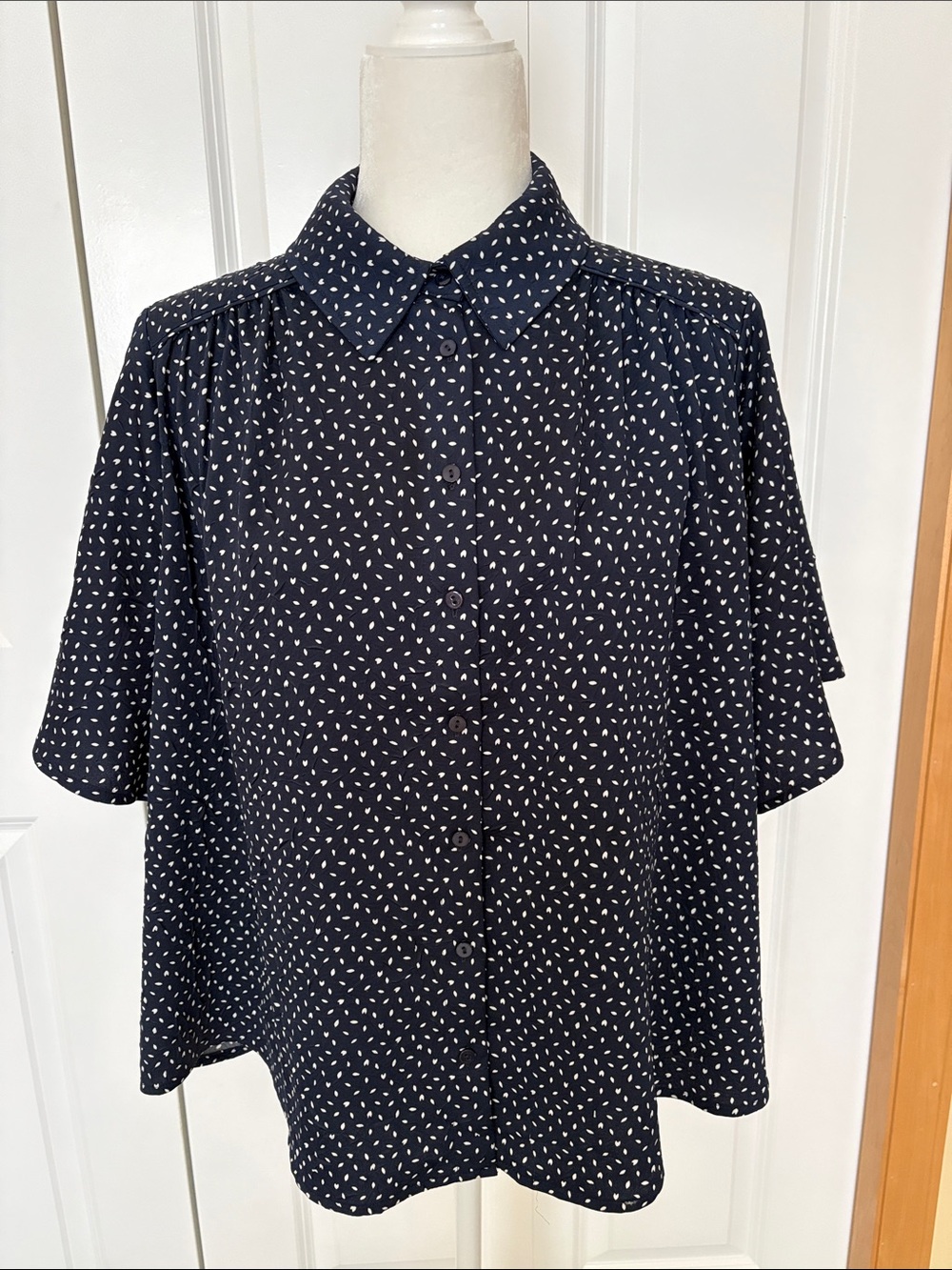 Navy Dot Button-Front Short Sleeve Blouse